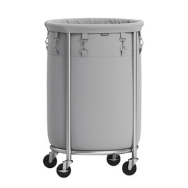 SONGMICS Laundry Basket with Wheels, Rolling Laundry Hamper, 18.5 Gal., Round Laundry Cart with Steel Frame and Removable Bag, 4 Casters and 2 Brakes, Gray and Silver URLS006G01