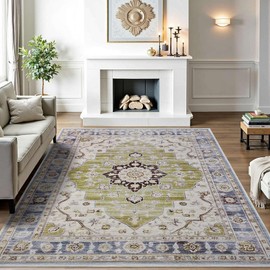 Enqinar 6x9 Area Rugs for Living Room, Vintage Soft Machine Washable Rug, Non Slip Low Pile Stain Resistant Boho Rug Floor Carpet for Bedroom, Dining Room, Nursery, Green