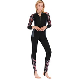 Akaeys Women's Full Body Swimsuit Rash Guard One Piece Long Sleeve Long Leg Swimwear with UV Sun Protection Orange-Flower