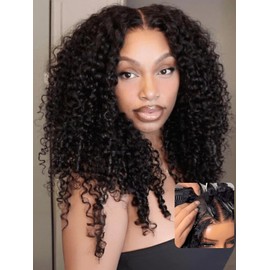 UNICE InvisiBlend Burmese Curly V Part Wig Human Hair With Finger Coil Ends Thin Leave Out Vpart Drawstring Wig No Glue No Sew In Black Color 150% Density 14 inch