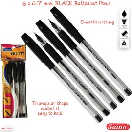 SAINO 5 x 0.7mm Tip Tri-Fit Triangular BLACK Ballpoint Pens Smooth Fine Writing