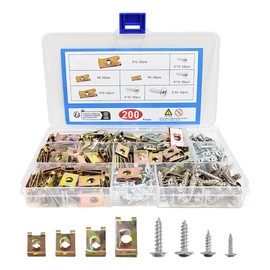 BWBWND 200PCS Car U‑Clips with Screw Assortment Kit, #6/8/10/12 4 Sizes U-Style Clip-On Nuts Automotive Screws, Metal U-Type Fasteners Retainers for Dash Door Panel Interior Trim