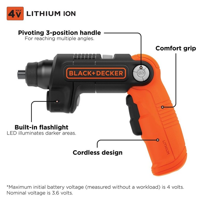 BLACK+DECKER Cordless Screwdriver with LED Light 4V MAX, Electric Screwdriver