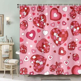Hot Pink Heart Shower Curtain Valentines Romantic Love Heart Cute Bathroom Accessories, Retro Groovy Funky Chic Retro 70s Bath Curtain with Disco Ball Hippie Modern Artistic Bathroom Decor Set 70X70IN