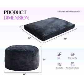 Hobestluk Bean Bag Chair Convertible Beanbag Chairs for Adults, Large Bean Bag with Plush Faux Fur Cover, Adult Bean Bag Chair for Living Room, Bedroom (Grey, Full)