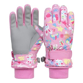 Durio Children's Ski Gloves Waterproof Winter Snow Gloves PU Palm Tree for Outdoor Sports Pink 4-6 Years
