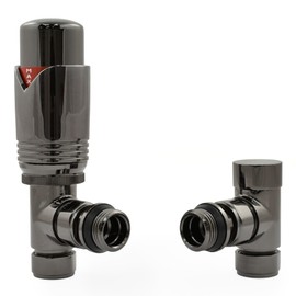 Hot Flow Black Nickel Marella Modern Thermostatic Radiator Valve Angled TRV. Includes Angled TRV Body, Wheel Head and Lock Shield for Quick & Easy Temperature Control.