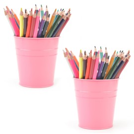 MATIMASU Pen Holder Cup For Desk Pencil Holder Metal Marker Pen Organizer Storage Small Tinplate Flower Pot Succulent Bucket Planters for Office Home - 2 Pack (Pink)