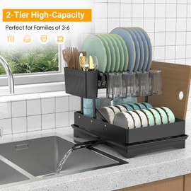 Large Dish Drying Rack,2-Tier Dish Rack for Kitchen Counter and Sink,Stainless Steel Kitchen Dish Organizers and Storage with Cup Chopping board Cutlery Holder and Drainboard,Anti-rust Collapsible