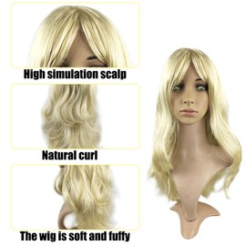 Long Wavy Blonde Wig for Women Girls, Curly Hair Wavy Heat Resistant Wig Cosplay Costume Charming Wig for Daily Carnival Fancy Dress (60 cm)