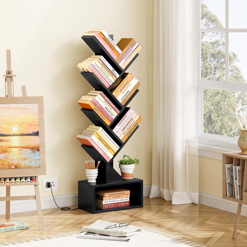 Hoctieon 6 Tier Tree Bookshelf, Tall Bookcase with Drawer, Freestanding