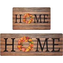Neasow Maple Leaf Kitchen Rugs Set of 2, Non-Slip Cushioned Anti-Fatigue Mats for Floor, Rustic Farmhouse Wreath Wood Design Comfort Standing Mats 17.3×29+17.3x47 inch