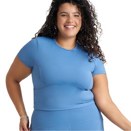 POPSUGAR Short Sleeve Athletic Tops for Women, Fitted Feminine Seamed Workout Shirts Breathable Gym Running Yoga Tshirts Blue Mist, Medium