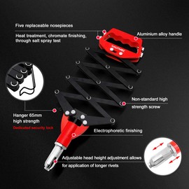 HAUTMEC 5-in-1 Pop Rivet Gun Kit Heavy-Duty Press-Type Labor Saving Rivet Tool with 150Pcs Rivets and Portable Wrench, Type Tool with 4-Fold Lever for Metal, Automotive & Construction HT0436-HR