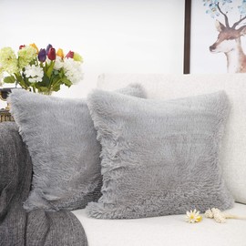 YOUR SMILE Pack of 2, Decorative Plush Luxury Series Merino Faux Fur Throw Pillow Case Cushion Cover 18" x 18"(Gray)
