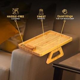 U.S Choice Natural Bamboo Couch Arm Table - Multi-Function Folding Couch Arm Tray with 360° Phone Holder - Perfect Sofa Armrest Tray Suitable for Drinks, Snacks, Coffee, Fruits, Remote & More