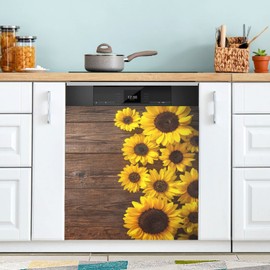 Naanle Dishwasher Magnet Cover Vintage Wooden Sunflower Front Dishwasher Cover Magnetic Home Cabinet Decals Appliances Stickers Refrigerator Decorative 23" x 26"