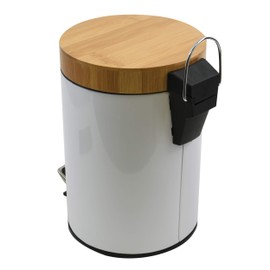 MSV Aza Cosmetic Bin 3 Litres Stainless Steel Bamboo with Soft-Close Mechanism and Inner Bucket White