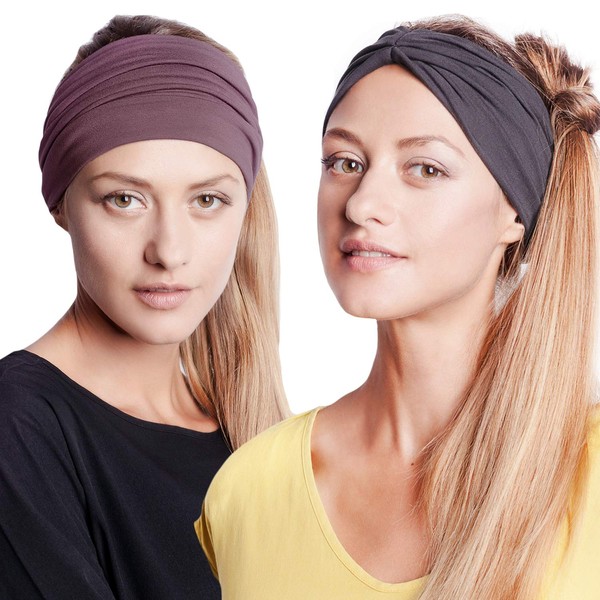 BLOM Original Boho 2-Pack Headbands for Women- Non-Slip Knotted Headband- Women Hair Band Made in Bali- 6" Wide Multistyle Elastic Head Wrap Perfect for Running, Yoga, Travel, Workouts & Fashion