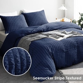 My home store Seersucker Navy Single Duvet Cover Set with 1 Pillowcase – Soft Breathable 2 Pcs Quilt Cover Polyester Cotton Bedding Set