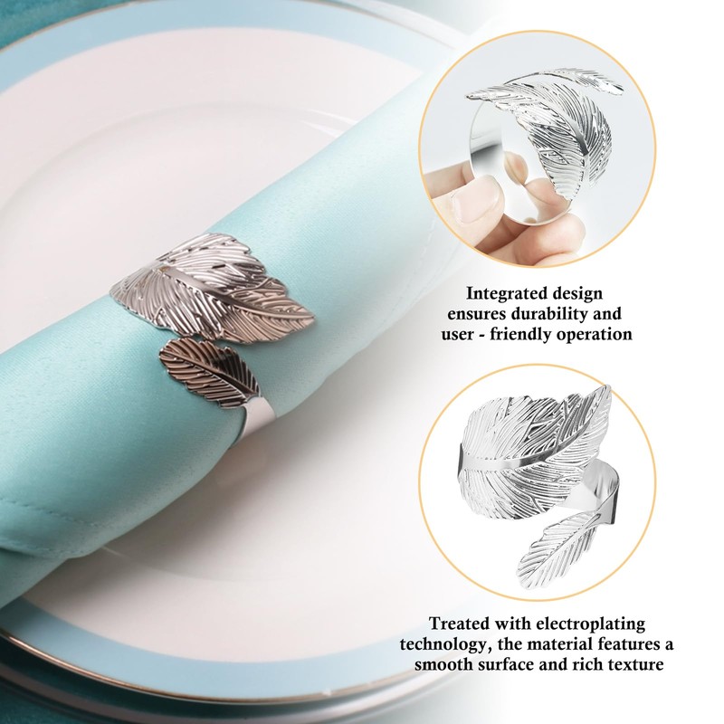 Kasoud Sliver Leaf Napkin Rings, 6PCS Sliver Napkin Rings, Sliver