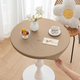 Huierxun Round Fitted PU Tablecloth with High Elastic Edge 59 Inch Dia Waterproof Oil Proof Table Cloth Anti-scald Stain-Resistant Wipeable Table Cover for Indoor Outdoor Picnic (Cream Coffee,59"Dia)