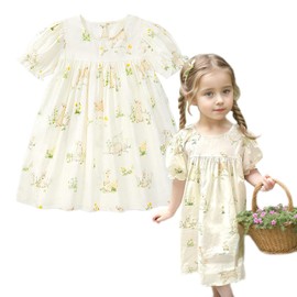 Simplee kids Girls Short Puff Sleeve Dress Toddler Dress Lace Easter Dress for Spring 3T Bunny Floral