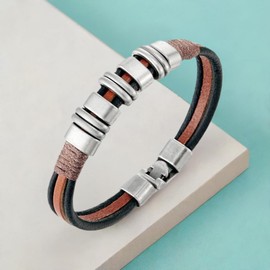 COOLSTEELANDBEYOND Brown Black Leather Bracelet Bangle with Metal Charms, Mens Women Leather Bracelet Wristband, Length 7.87"", Leather and Cotton Rope, no gemstone, MB-3610