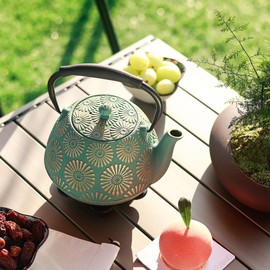 MILVBUSISS Cast Iron Teapot, 40oz Tea Kettle with Infuser for Stove Top, Sakura Design Japanese Tea Pot for Loose Leaf Coated with Enameled Interior, Silicone Handle 1200ml Green