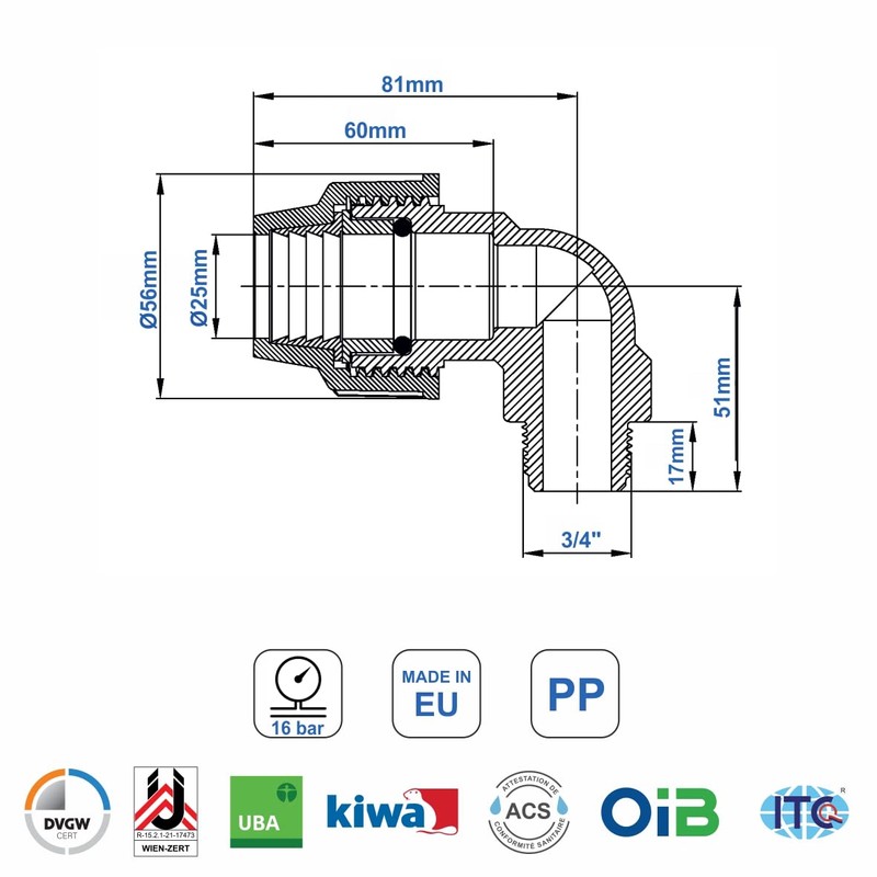 SmartProduct PP Angle 90 Degree with Male Thread 25 mm