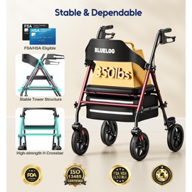 Bluelog Walkers for Seniors Rollator Walkers with Seat, 350lb Capacity with Cup Holder & Cane Holder, 8'' All Terrain Wheels, Adjustable Handles and Seat Height, Foldable Design, Burgundy