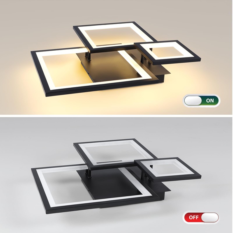 HLILCEH Modern Black Led Ceiling Light 3-Square Design 3000K-6500K Dimmable