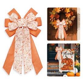 Hying Large Fall Leaves Bows for Wreath, Orange Plaid Wreath Bow Autumn Thanksgiving Farmhouse Craft Bows for Front Door Fall Thanksgiving Day Party Decorations Supplies