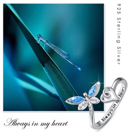Palpitate Sterling Silver Dragonfly Adjustable Ring - Always In My Heart Memorial Heart Jewelry Gifts for Women
