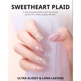 AIRSEE Semi Cured Gel Nail Strips Kit(Sweetheart Plaid)-Works with Any UV Nail Lamps light, Salon-Quality,Long Lasting, Easy to Apply & Remove - Includes 20Pcs 2 Prep Pads, Nail File & Wooden Stick