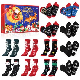 MJARTORIA 12 Pairs Christmas Socks Advent Calendar 2024 Women Men Funny Socks Magnetic Partner BFF Adult Cuddly Socks Cotton Christmas Calendar Christmas Socks Gifts