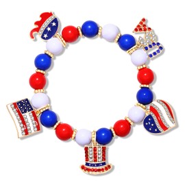 PHALIN American Flag Bracelet Patriotic Bracelet for Women Red White Blue Beaded Stretch Bracelet 4th of July Star Heart Star Charm Bracelet Jewelry Gift