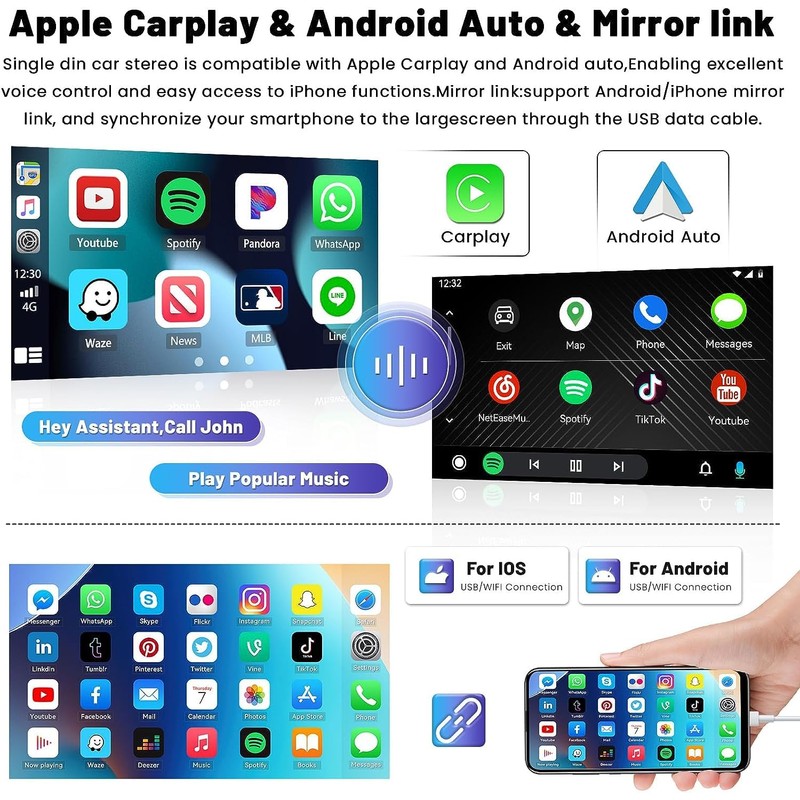 Hikity Car Stereo Single Din Wireless CarPlay Android Auto, 7