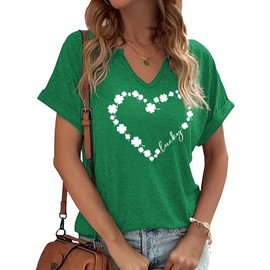TIXOM TIXOM St Patrick's Day V Neck Shirts for Womens Irish Shamrock Heart Graphic Tee Funny Lucky Printed Short Sleeve Shirts Tops(L,B-Green-4)