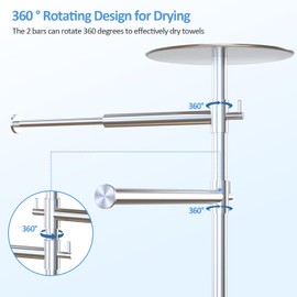 Zevemomo Freestanding Towel Rack w/ 360° Rotating & Adjustable Width/Height Bar, Bathroom Standing Metal Hand Towel Rack, Towel Drying Holder w/Storage Tray, Towel Swivel Stand for Kitchen, Pool