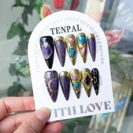 TENPAL Long Stiletto Press on Nails Handcrafted Fake Nails with Designs Luxury Irregular Cat Eyes Gold Purple Glossy Acrylic Nails Press Ons Full Cover Nail Tips Stick on Nails for Women(S)