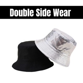 Hybursky Shiny Metallic Bucket Hat for Festival Party Reversible Packable Bucket Hats Waterproof Rain Sun Cap for Women Men Beach Fisherman Hats Hiking Outdoor(Silver)