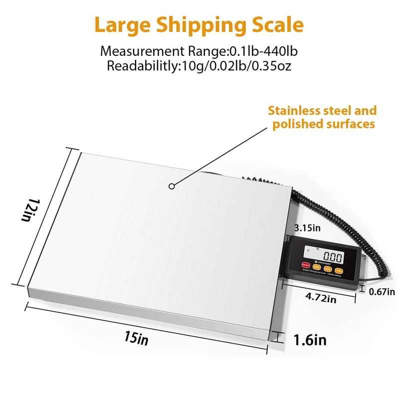 UNIWEIGH Digital Postal Scale,440lb x 10g Accuracy Shipping Scale,Stainless Steel