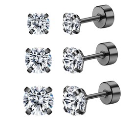 Mochity 3 Pairs of Earrings Gold Sliver Black, Zirconia Stud Earrings, Hypoallergenic Earrings Set for Men and Women, Cartilage Stud Earrings, 316L Stainless Steel Stud Earrings, 3/4/5 mm, Stainless