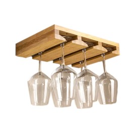 RIIPOO Wine Glass Rack Hangers Under Cabinet, Bamboo Wine Glasses Holders Under Shelf, Under Counter Wine Glass Holder for Home Kitchen & Bar Storage