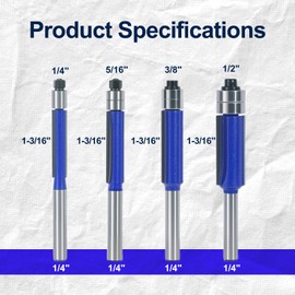 MNA Top Double Bearing Flush Trimming Router Bits Set of 4, Straight Flush Trimming Router Bits Set. 1/4" Shank. Cut to Heights of 1/4", 5/16", 3/8", 1/2". Ideal for Trimming Shelf Edges etc
