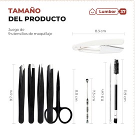 Lumbor37 Set de 9 Pinzas para Cejas de Acero Inoxidable, Pinzas de Precisión con Tijera, Kit Profesional para Depilar y Moldear, Incluye Caja de Almacenamiento