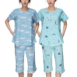 dodoin 2 Pack Womens Pajamas Set Cotton Sleepwear Short Sleeve Tops and Capri Pants Fun Prints Pjs(GS+BM,S)