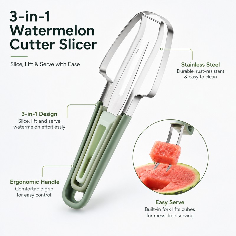 3-in-1 Watermelon Slicer Tool for Easy Serving – Stainless Steel