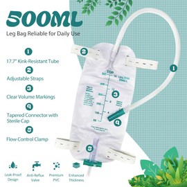 5Pcs 500ml Leg Bag Urinary Drainage Bag with 17.7 Inch Tube Leak-Proof Anti-Reflux Design Comfortable Adjustable Straps,Green